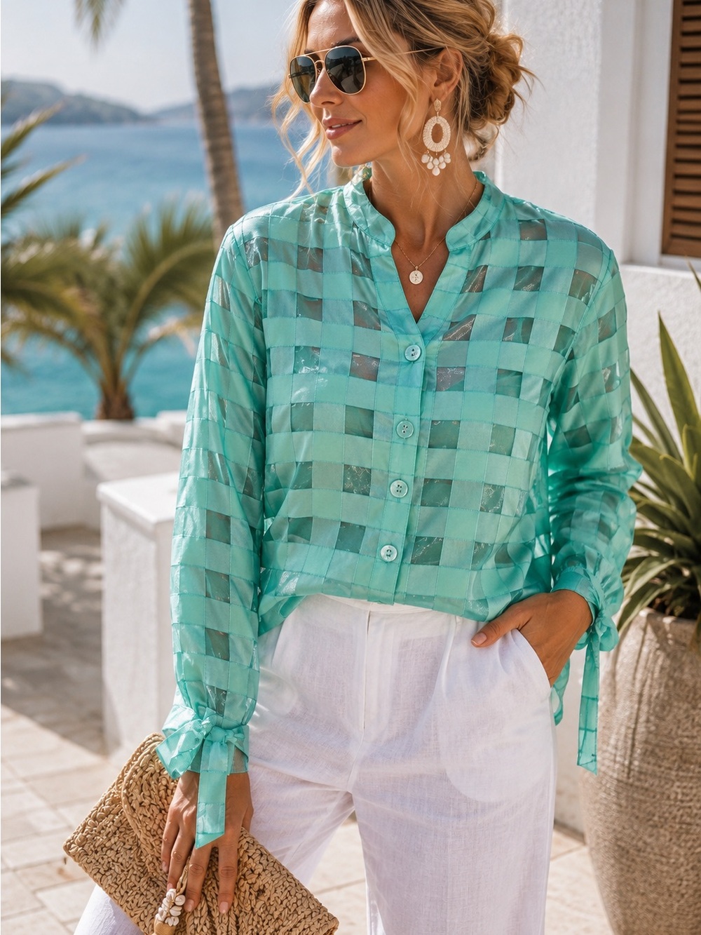 A La Carte Sea Glass Sheer Woven Button Top XL NWT Quiet Luxury